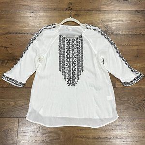 Garnet Hill Top Womens Medium Linza Embroidered‎ White Black Gauzy Crepe Beach